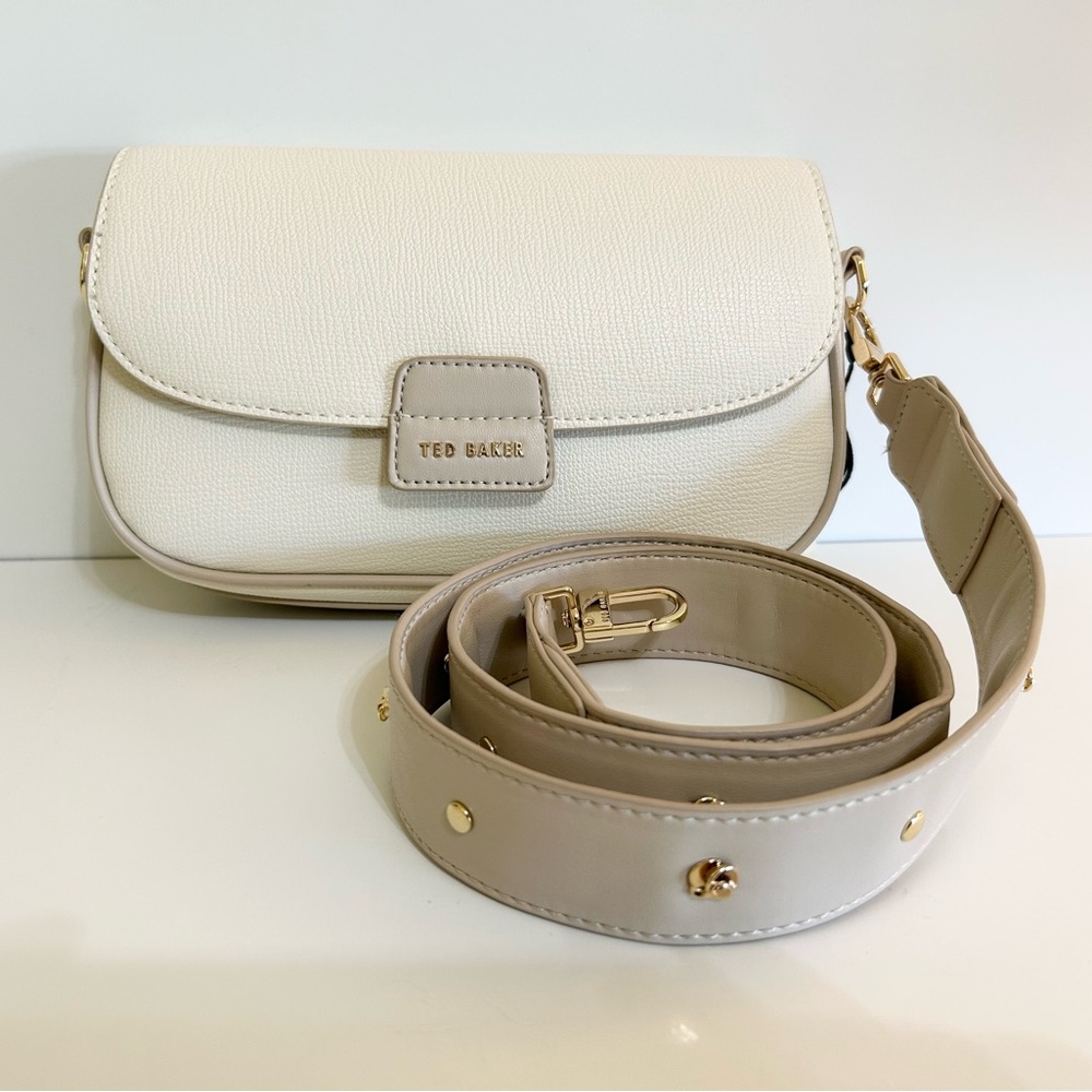 Ted Baker Ivory Crossbody Bag with Gold Accents and Magnetic Clasp.